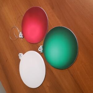 9 7 3/4" round corregated cardboard Xmas ornaments with silver ties-new.